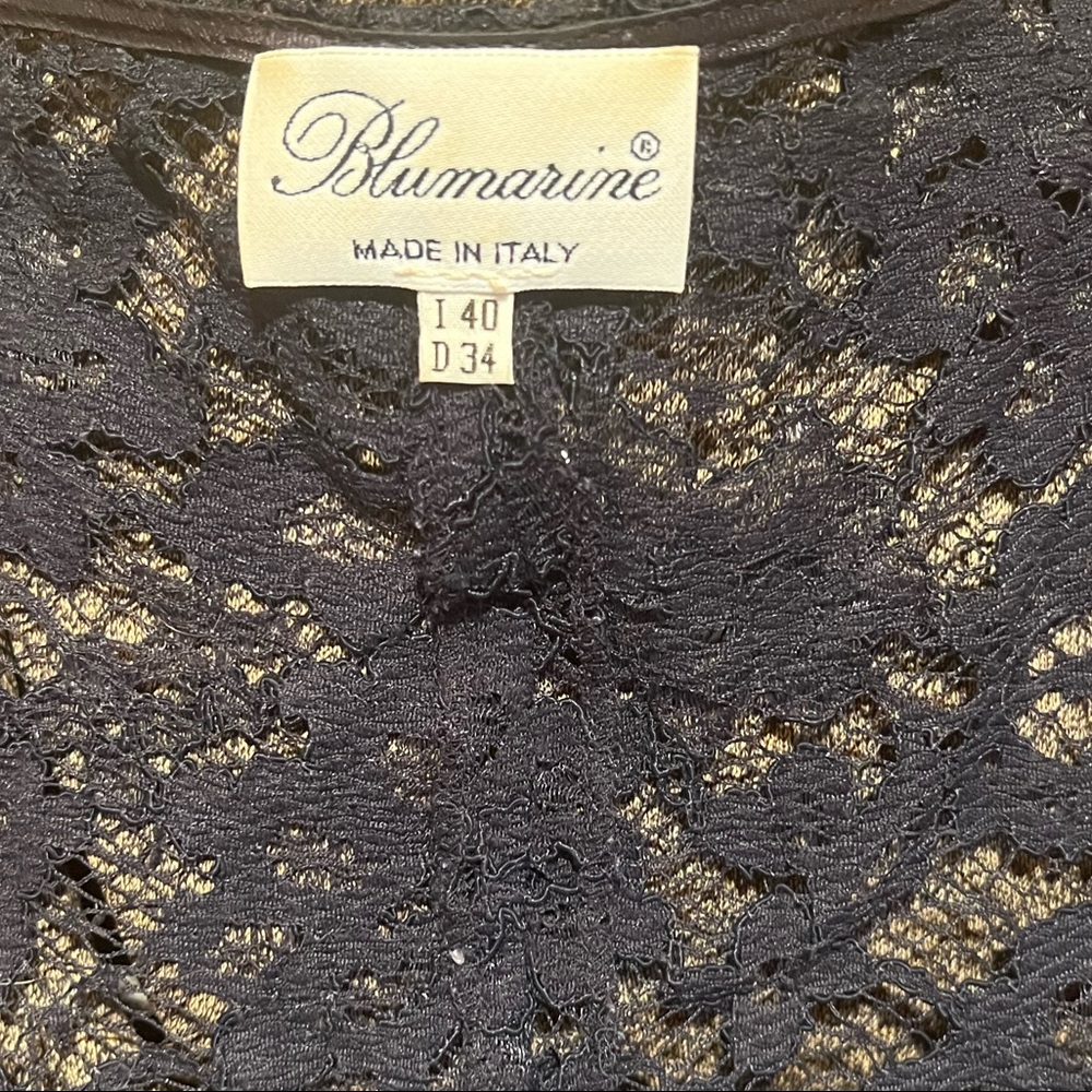 Blumarine navy blue lace cocktail dress with purple v neck, spaghetti strap slip